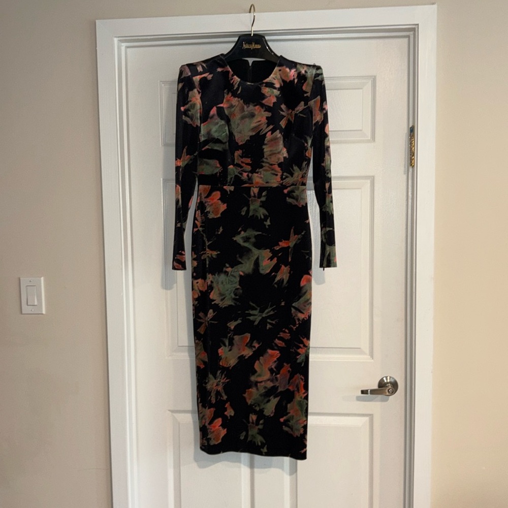 Alex Perry Black Floral Print Maxi Dress Long Sleeve Crew Neck Size 8